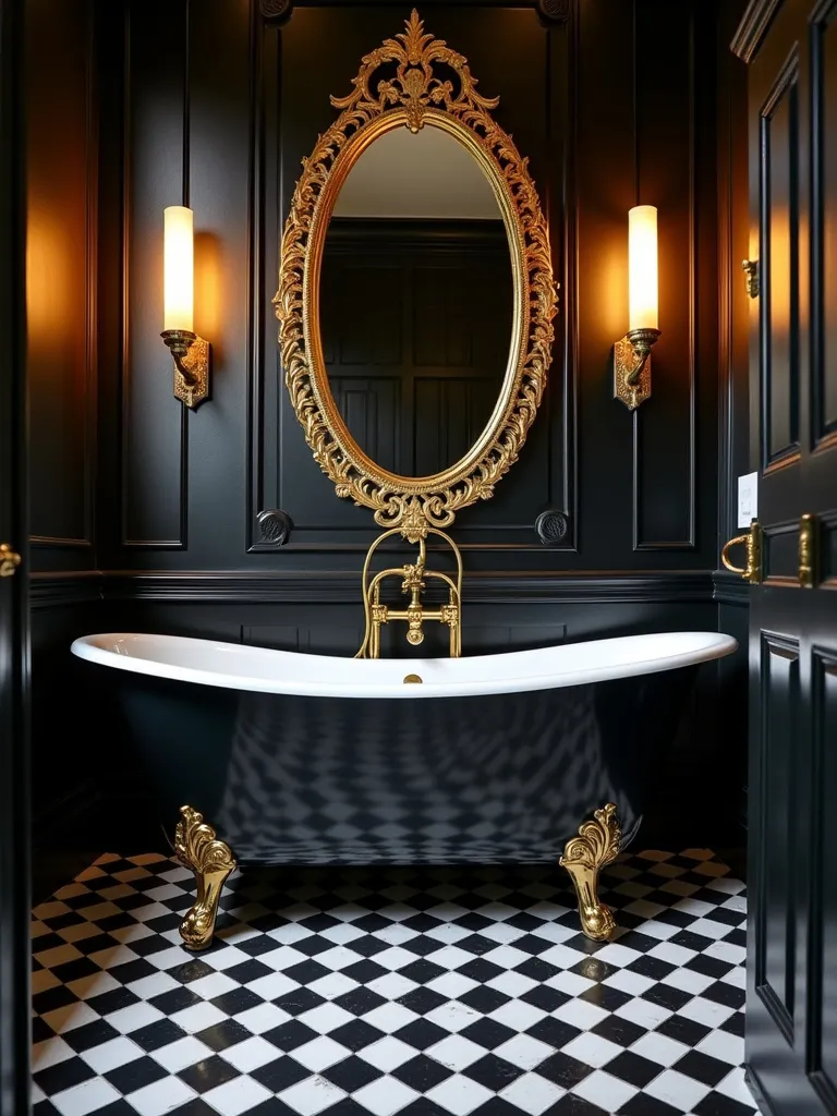 Glamorous art deco bathroom with black and white checkerboard tile floor, gold accents, and ornate mirror.