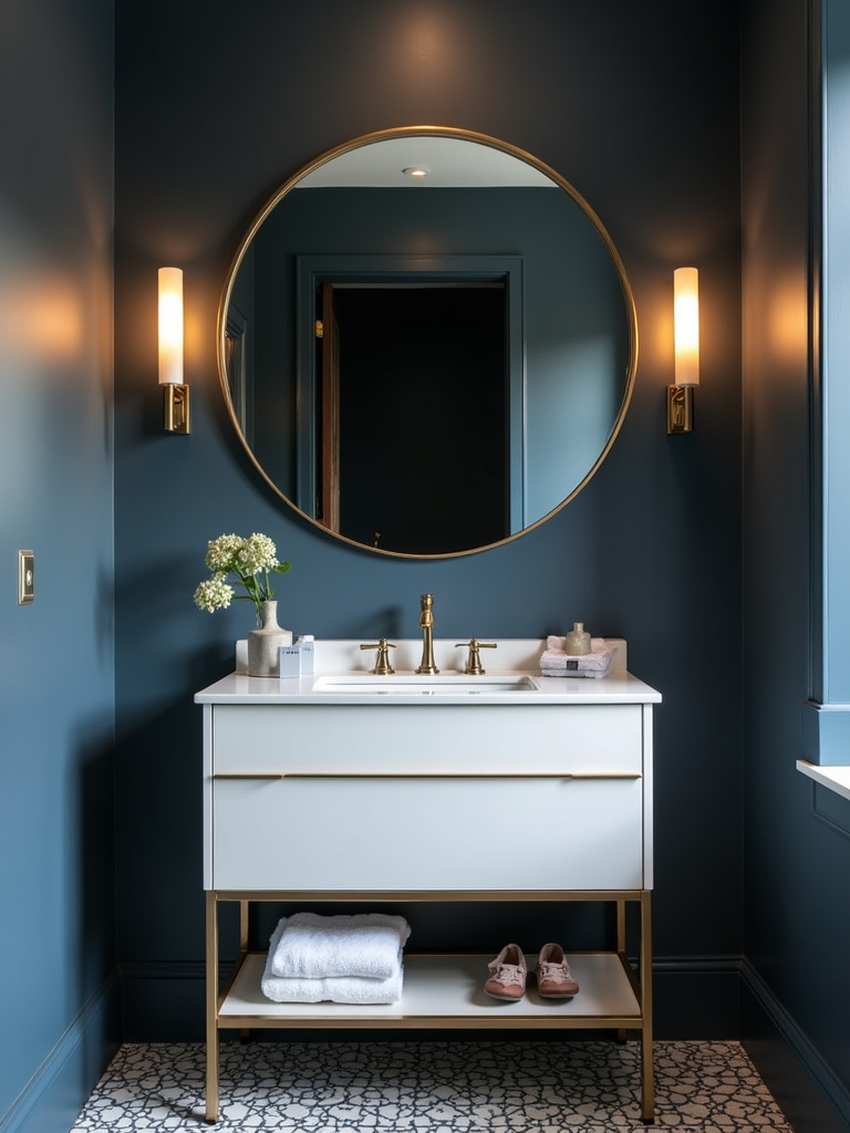 “A small, stylish bathroom with a large round gold statement mirror serving as a striking focal point above the vanity.”