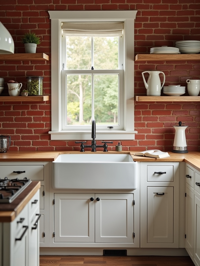 Charming farmhouse kitchen with a red brick backsplash, open wooden shelving, and a vintage farmhouse sink
