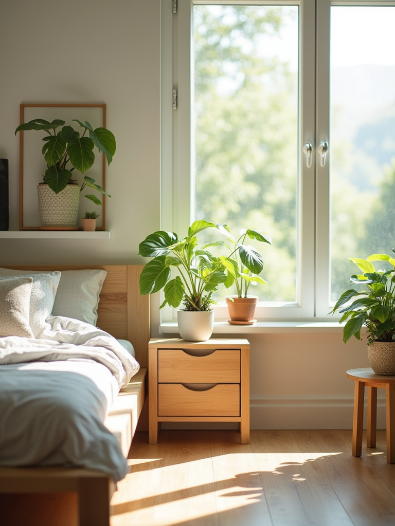 Nature-inspired teenage bedroom with light wood furniture, indoor plants including a snake plant, and a view to outdoor greenery through a large window.