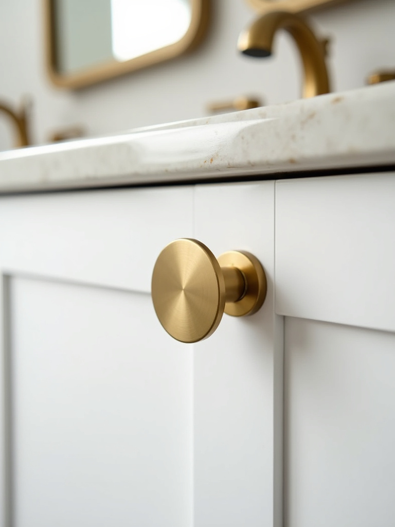 A close-up of brushed gold bathroom hardware, including a faucet handle and cabinet pull, against a white vanity cabinet, illuminated by bright focused studio lighting.
