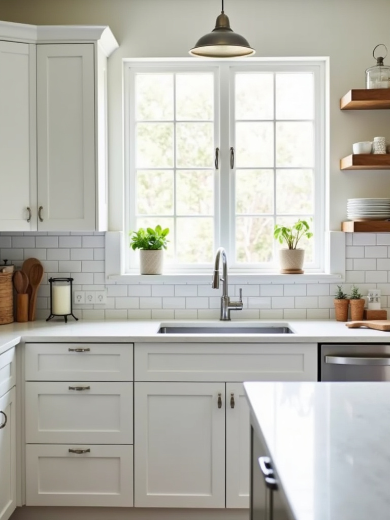 Stylish and budget-friendly kitchen featuring a simple white ceramic tile backsplash and affordable cabinets