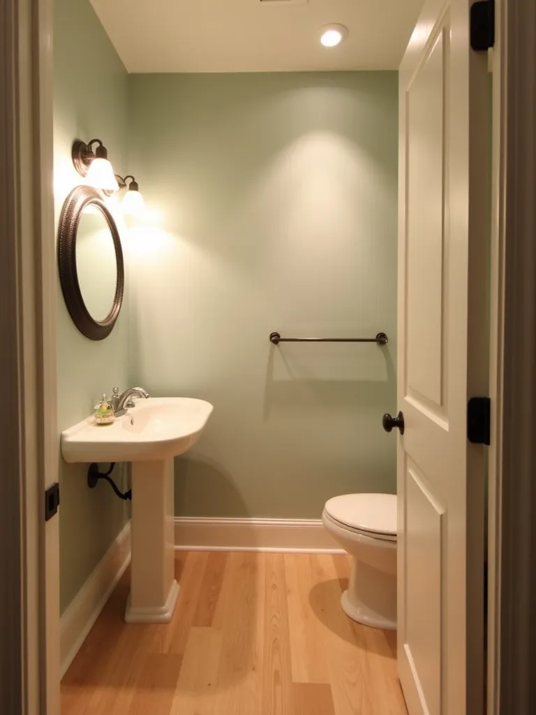 Small, budget-friendly bathroom with light oak laminate floor, pedestal sink, and warm lighting.