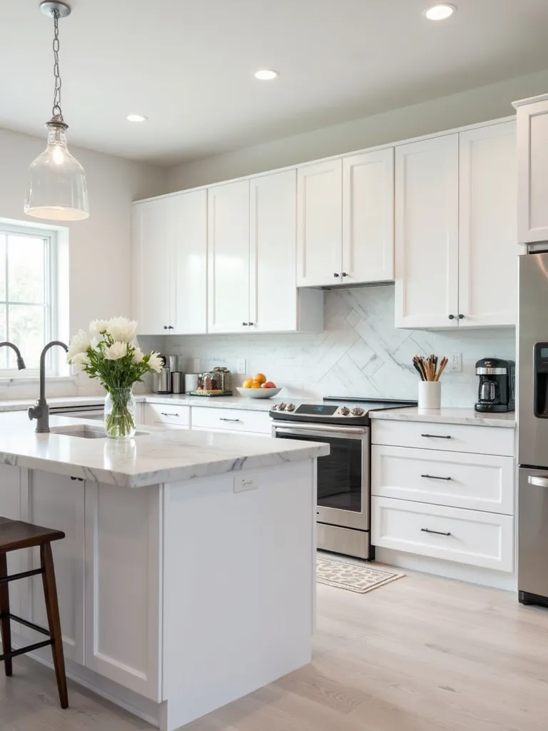 Transitional kitchen featuring white flat-panel cabinets and stylish, budget-friendly marble-look laminate countertops.