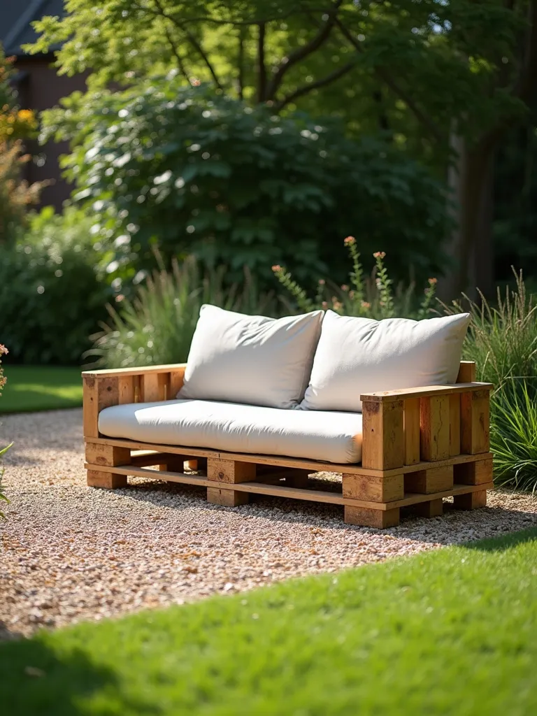 Rustic pallet sofa with cushions on a gravel patio in a sunny backyard.