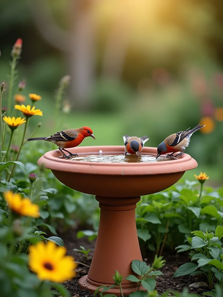 Terracotta pot bird bath with birds drinking and bathing in a garden.