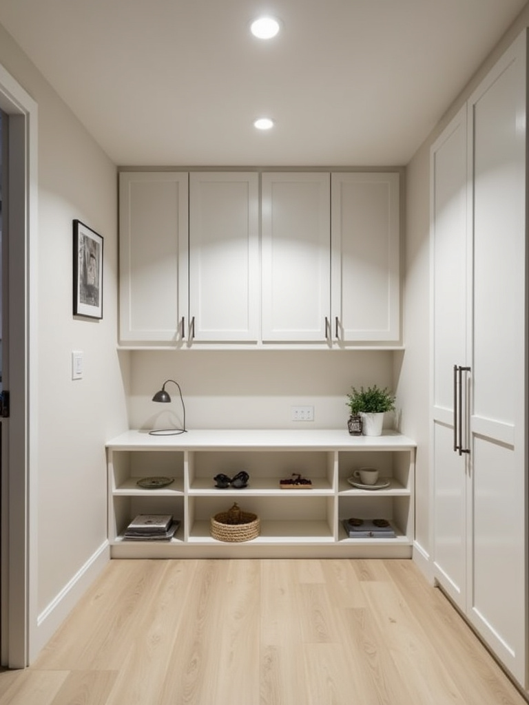 Modern minimalist small dining room with seamless built-in cabinetry for storage.