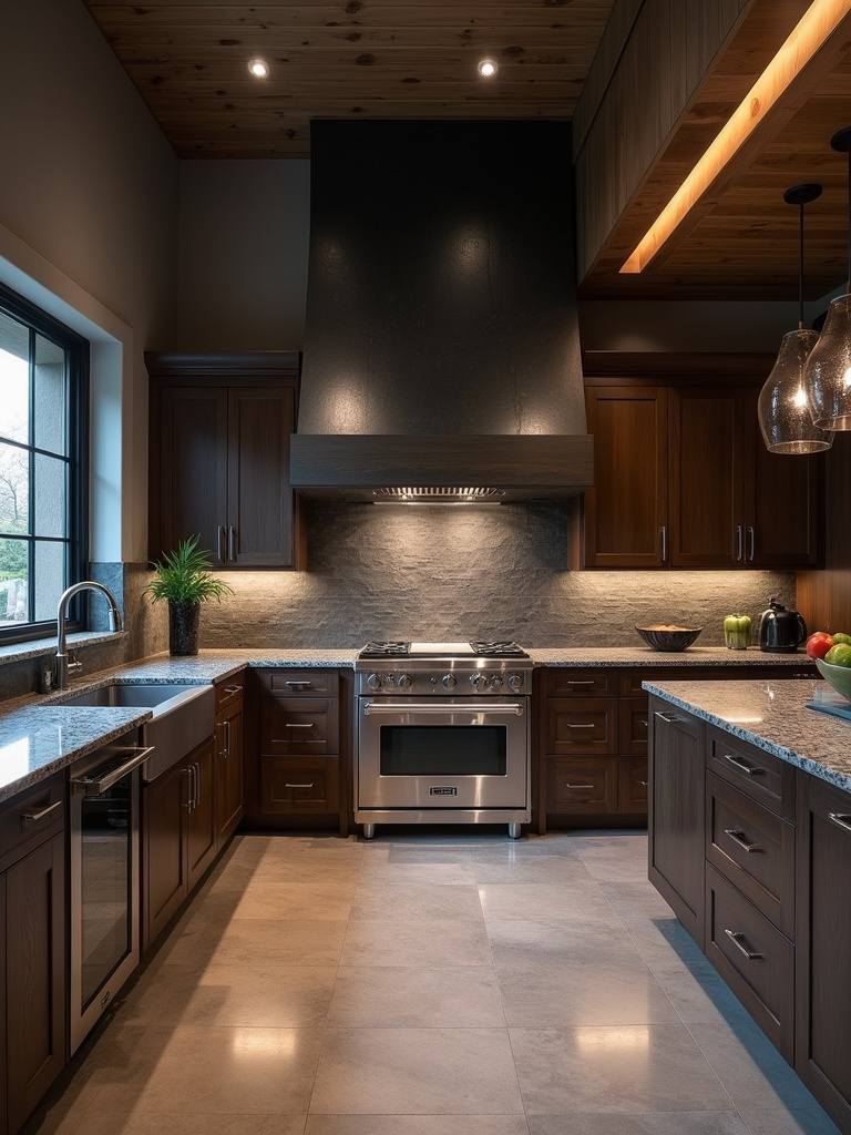Grand and modern kitchen with a dramatic floor-to-ceiling dark grey slate backsplash and high ceilings