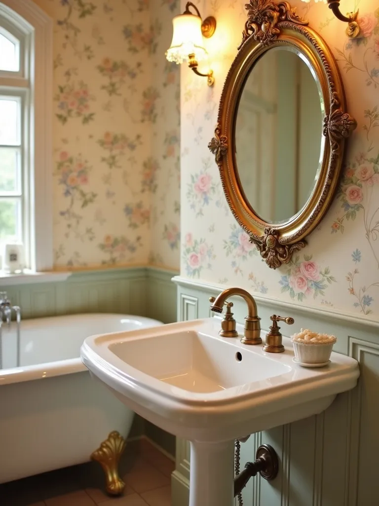 A vintage bathroom featuring an antique oval mirror with an ornate gold frame above a pedestal sink.