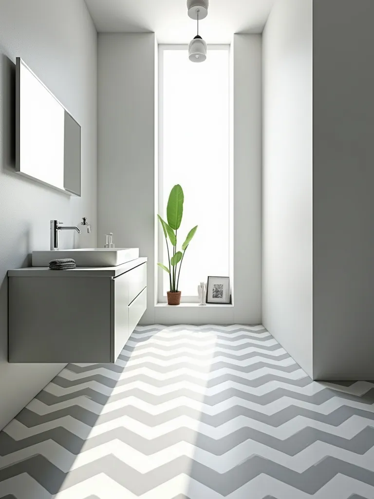 Modern bathroom with light grey and white chevron tile floor and floating vanity.