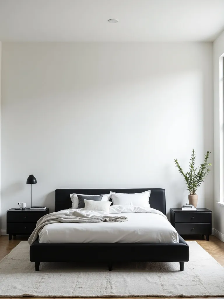 Minimalist bedroom design featuring black furniture with clean lines against white walls, bathed in natural daylight.