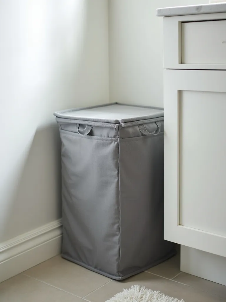 Small bathroom corner featuring a folded compact laundry hamper to save floor space.