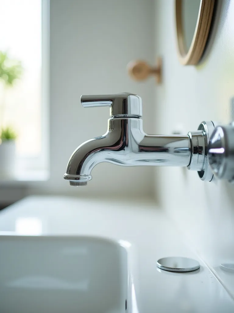 A close-up shot of a classic, chrome, wall mounted faucet, prominently positioned above a white ceramic sink with soft natural light illuminating the reflective surface.
