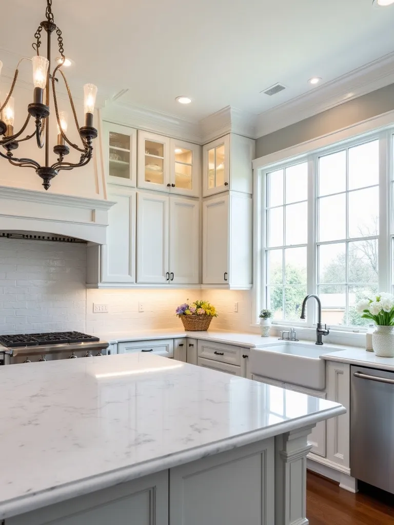 Grand traditional kitchen featuring white custom cabinets and statement-making chunky thick edge white marble countertops.
