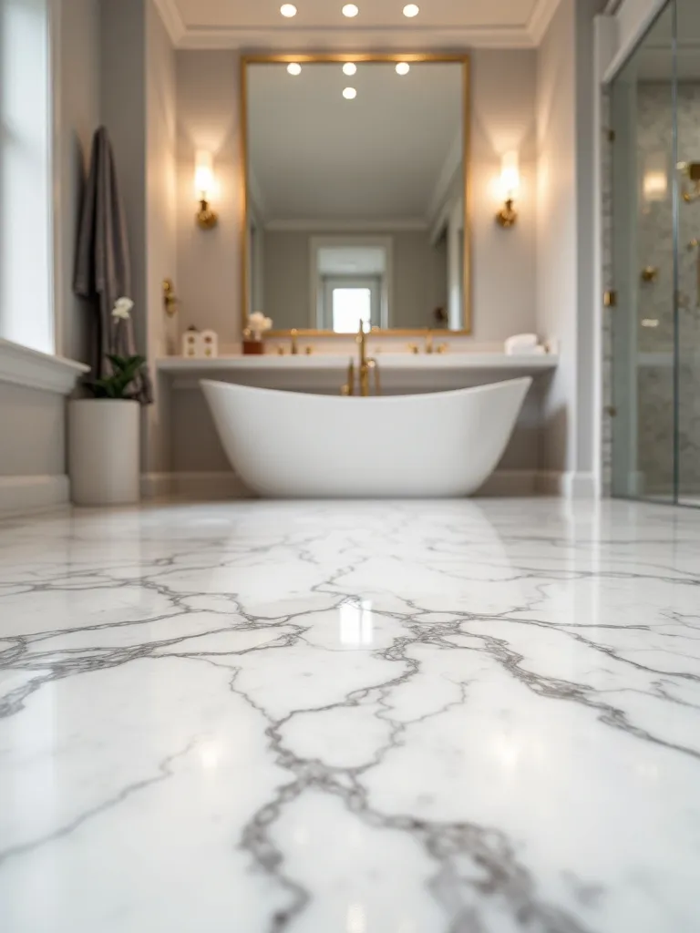 Elegant bathroom with white marble floor, freestanding tub, and gold fixtures under soft lighting.