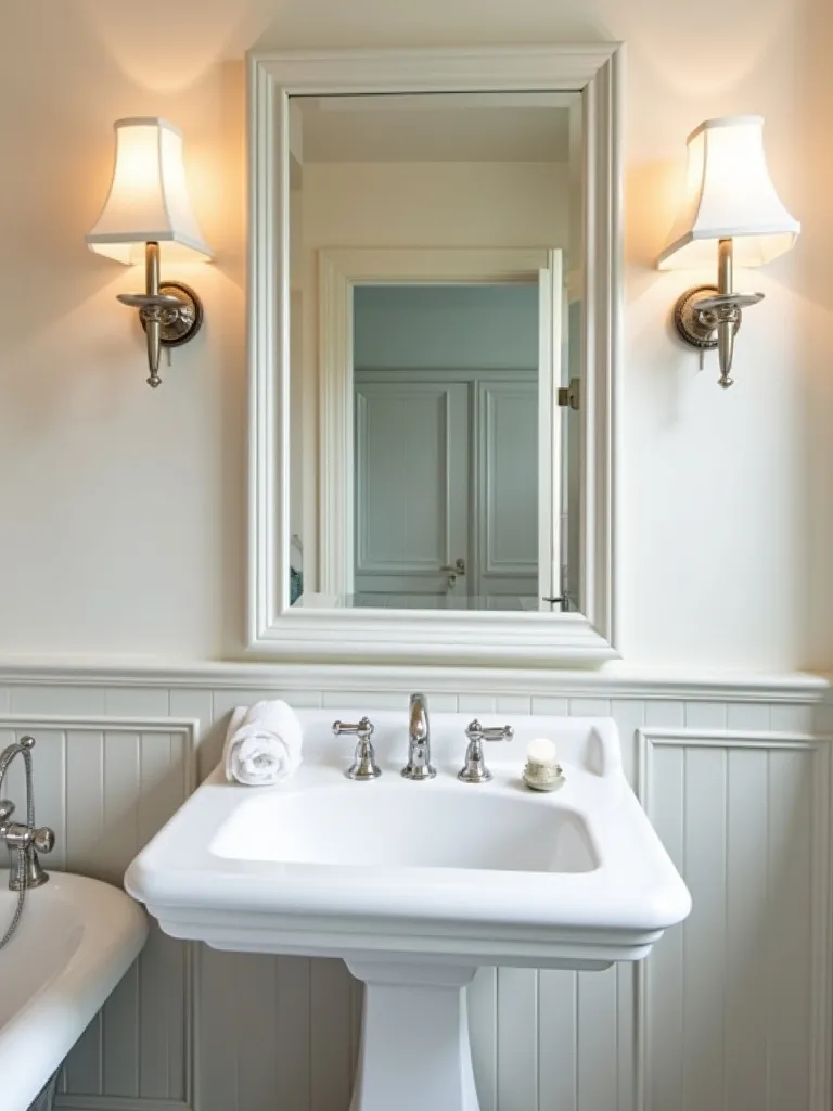 A well-lit medium shot view of a classic bathroom, with a simple rectangular mirror above a pedestal sink, tiled walls, with sconces on either side of the mirror.