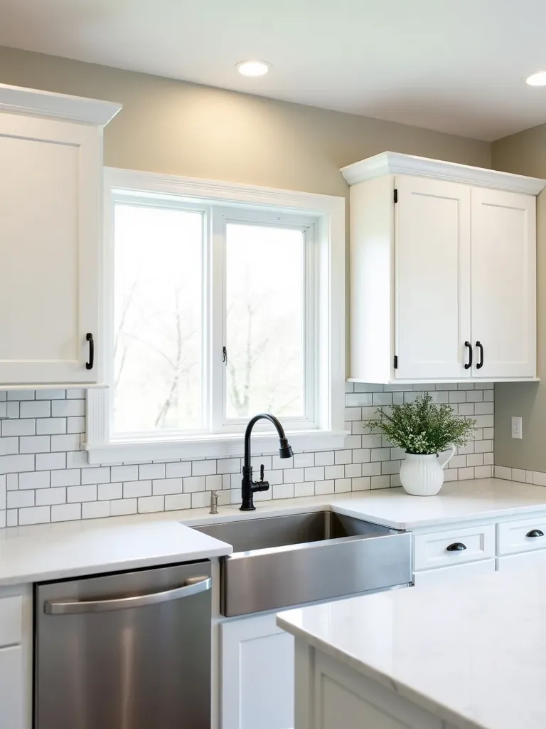 Classic farmhouse kitchen featuring white shaker cabinets and a timeless white subway tile backsplash perfectly complementing the white quartz countertops.