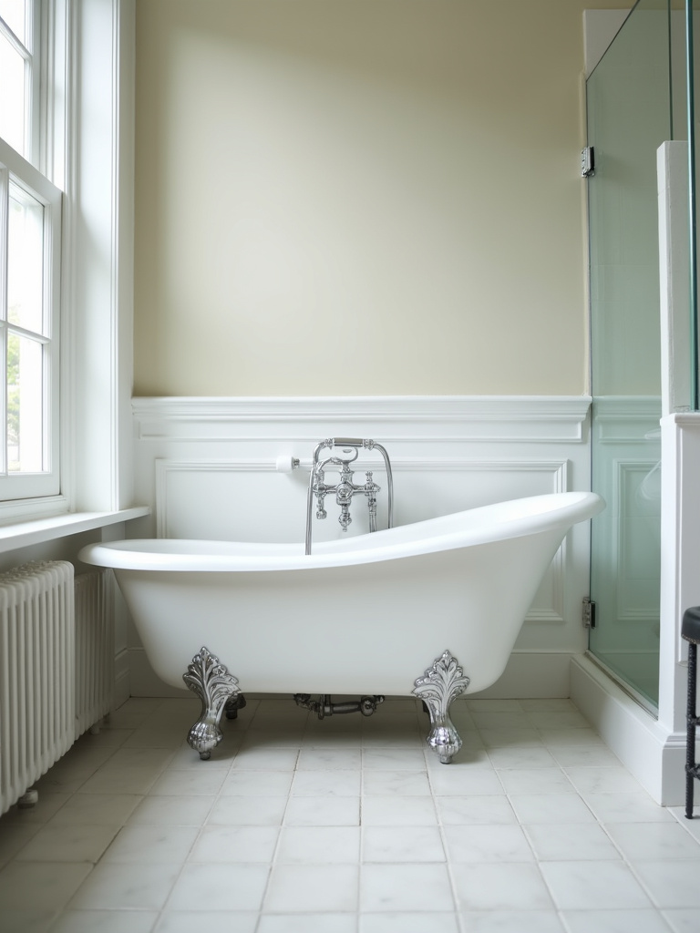 A classic bathroom scene featuring a white clawfoot tub with chrome fittings, highlighted by a low-angle view, natural lighting and light-colored tile in the surrounding area.