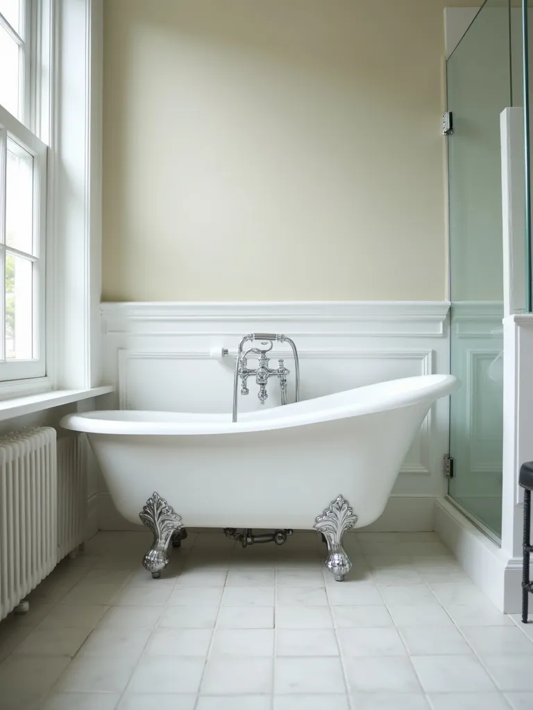 A classic bathroom scene featuring a white clawfoot tub with chrome fittings, highlighted by a low-angle view, natural lighting and light-colored tile in the surrounding area.