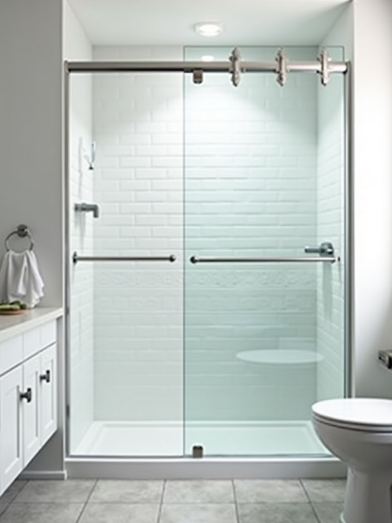 “A bright small bathroom with a walk-in shower featuring clear glass doors, enhancing the sense of spaciousness.”