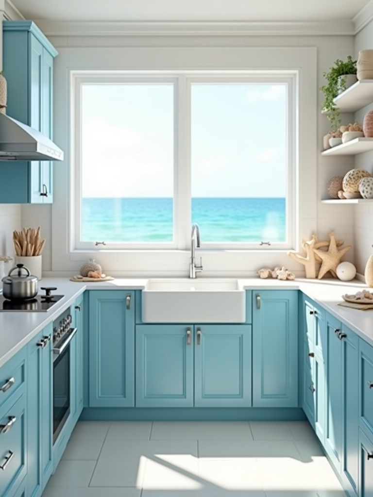 Light and airy coastal kitchen with blue cabinets, white countertops, and beachy decorations