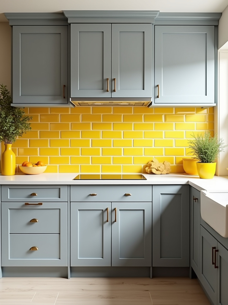 Cheerful kitchen with a bright yellow subway tile backsplash adding a pop of color to grey cabinets and white countertops