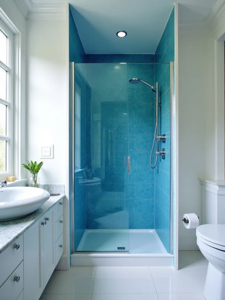 Modern bathroom with a vibrant blue tile accent wall in the shower, injecting a bold pop of color and personality.