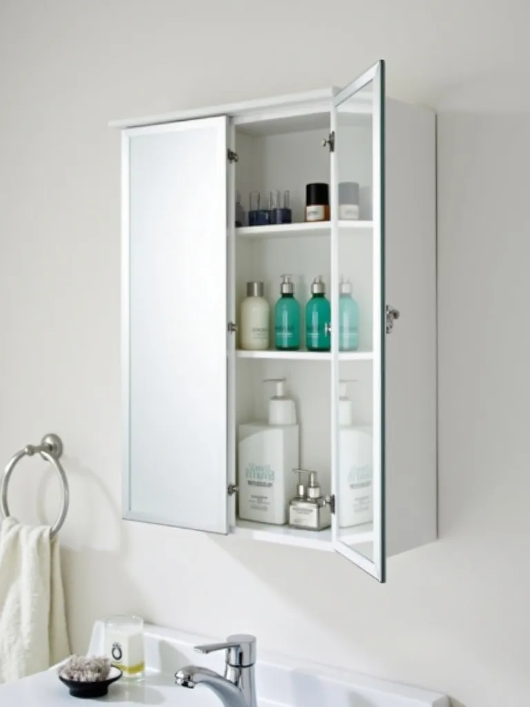 A mirrored bathroom cabinet with doors slightly ajar, revealing organized storage shelves inside, mounted above a white vanity.