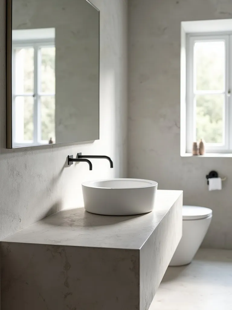 Modern bathroom with a unique light-grey concrete countertop.