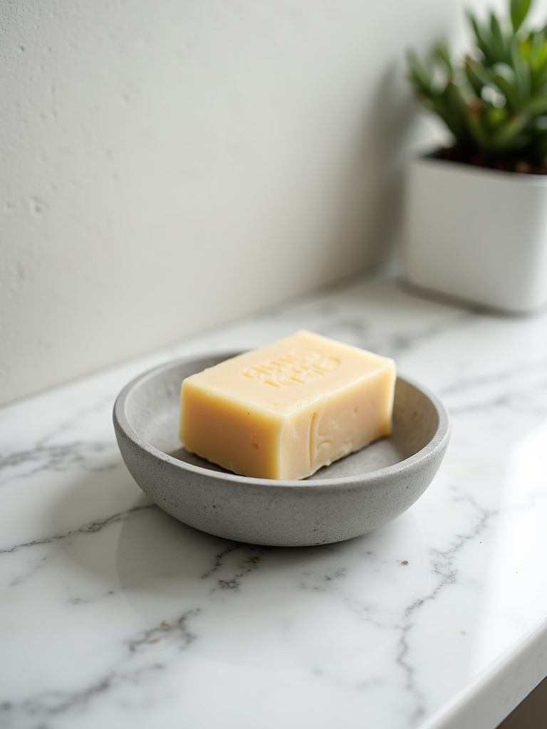A close-up of a concrete soap dish holding a bar of natural soap on a white quartz countertop, highlighting the concrete texture under soft studio lighting.