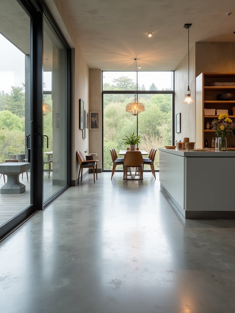 Contemporary kitchen with sleek polished concrete flooring