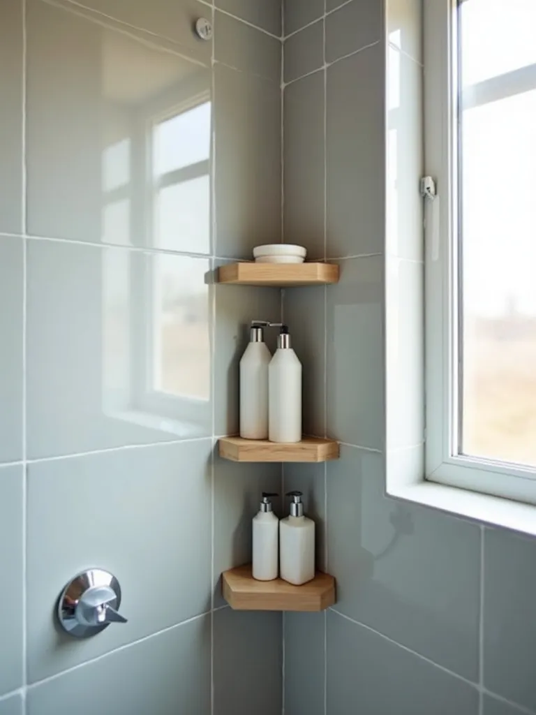 Small bathroom corner showcasing light wood corner shelves in the shower for organized storage.