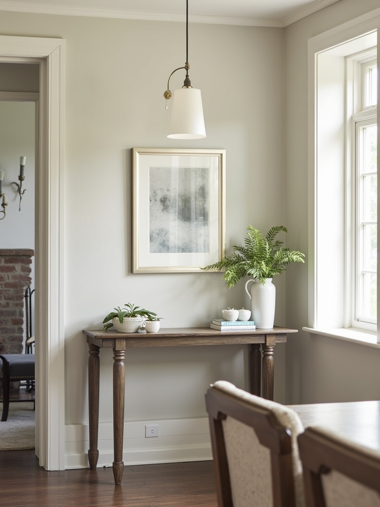 Transitional style small dining room with a narrow console table serving as a buffet and display surface.