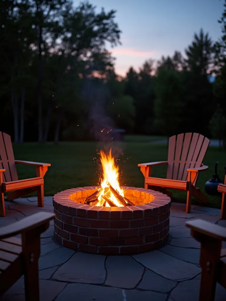 DIY brick fire pit with flames burning in a backyard at twilight.