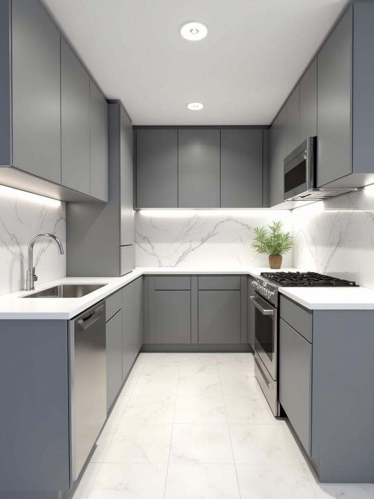 Contemporary kitchen with gray cabinets, white countertops, and stainless steel appliances