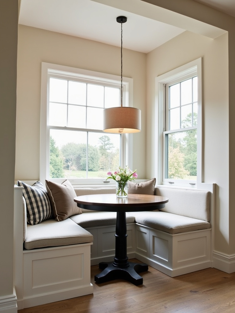 Farmhouse style small dining room featuring a cozy corner dining nook with banquette seating.