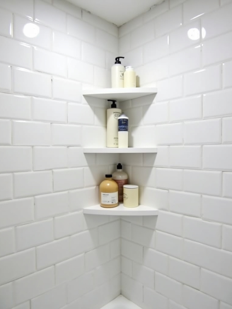 “Functional corner shelves inside a small bathroom shower, maximizing storage space for shower essentials.”