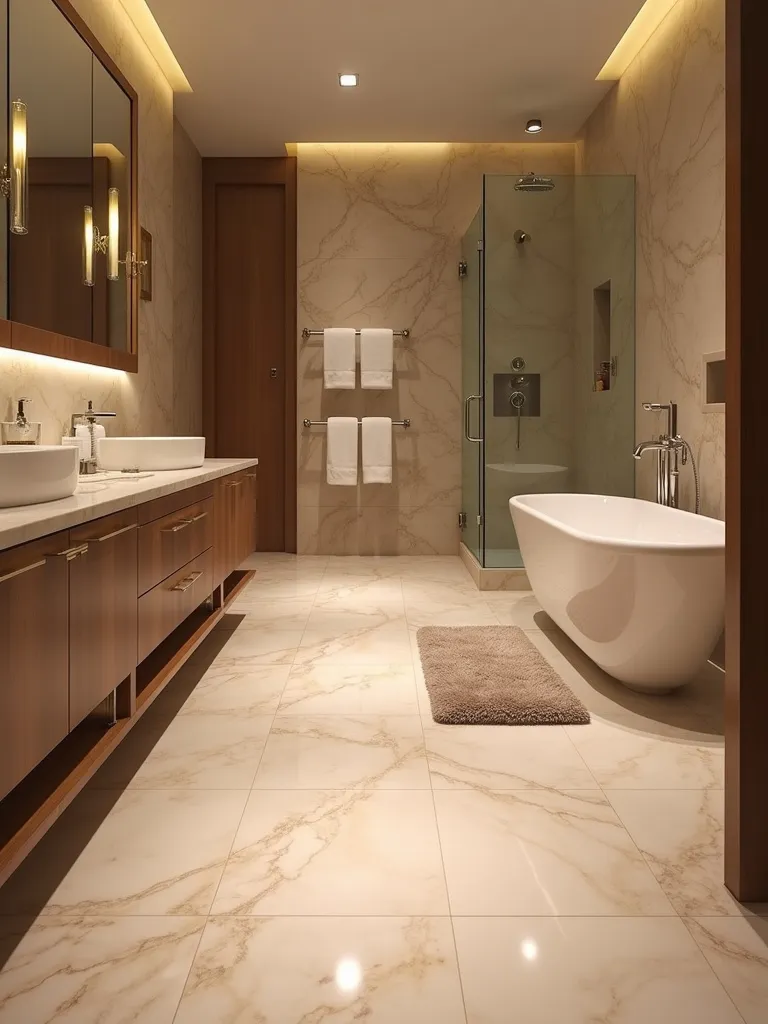 Pampering bathroom with heated marble tile floor, freestanding tub, and soft warm lighting.