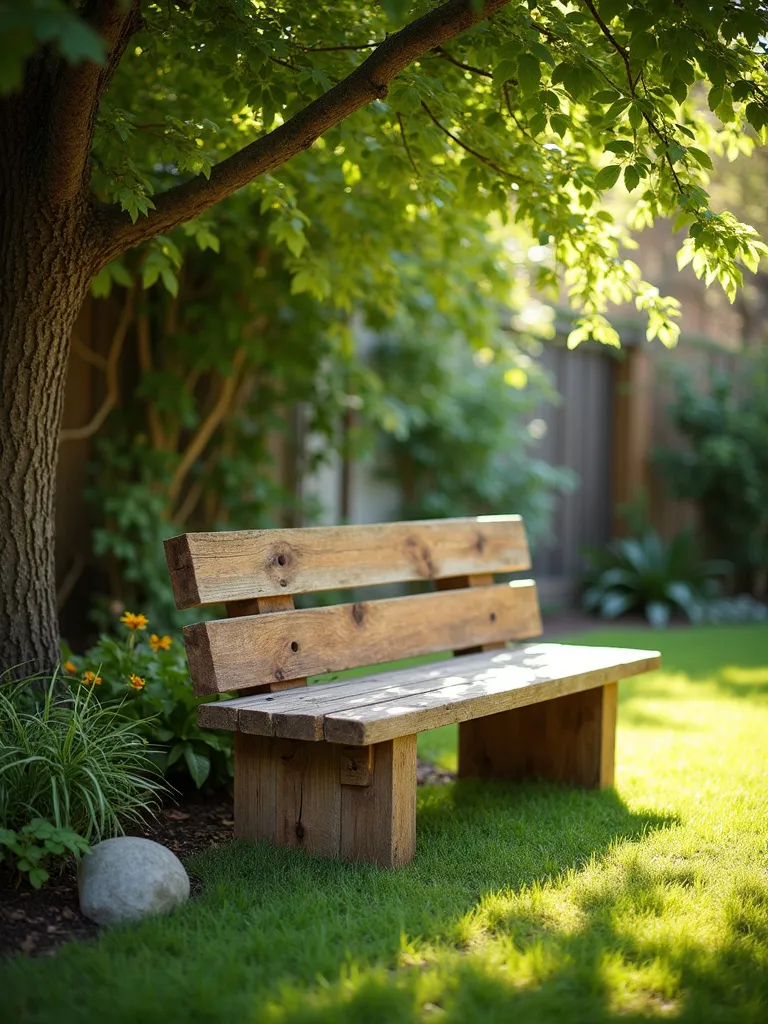 Simple bench crafted from reclaimed wood under a shade tree in a garden.