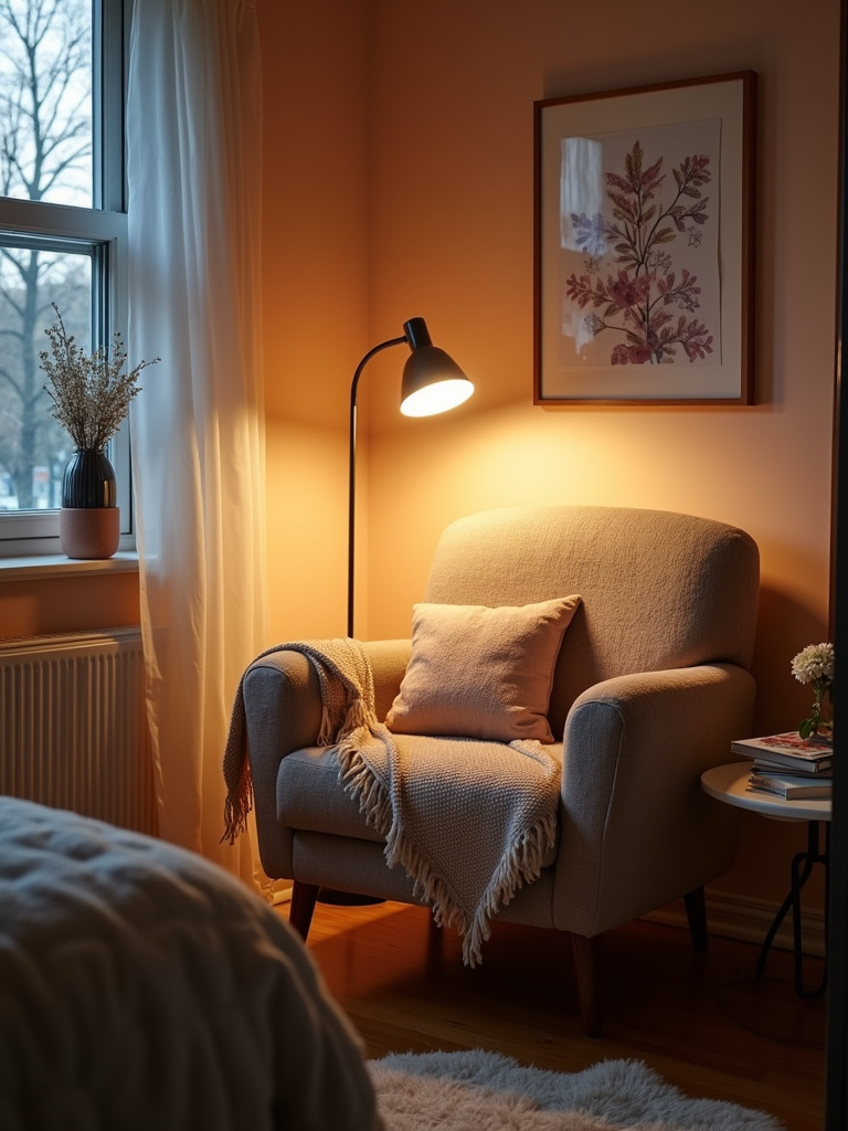 Cozy reading nook in a teenage bedroom, featuring an armchair with cushions and a throw blanket, soft lighting from a floor lamp, and a small side table with books.