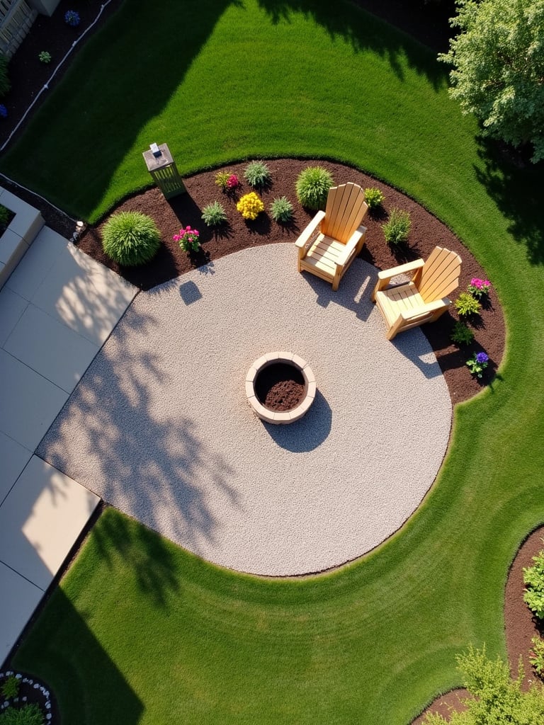 Gravel patio with Adirondack chairs and fire pit in a sunny backyard.