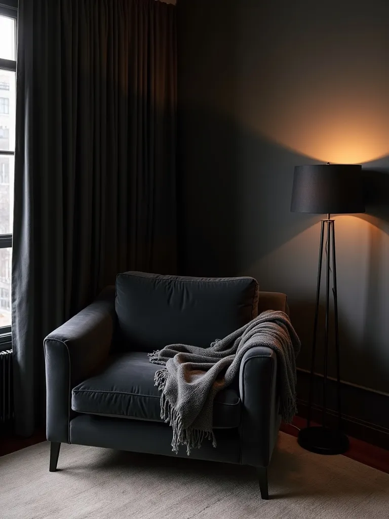 Cozy and inviting corner in a black bedroom featuring a black velvet accent chair with a throw blanket and floor lamp, bathed in soft evening light.