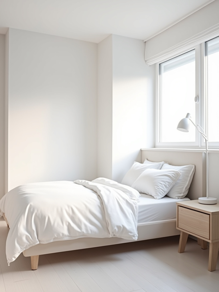 Minimalist teenage bedroom featuring a platform bed with white linens, clean lines, and a neutral color palette with soft, diffused natural light.