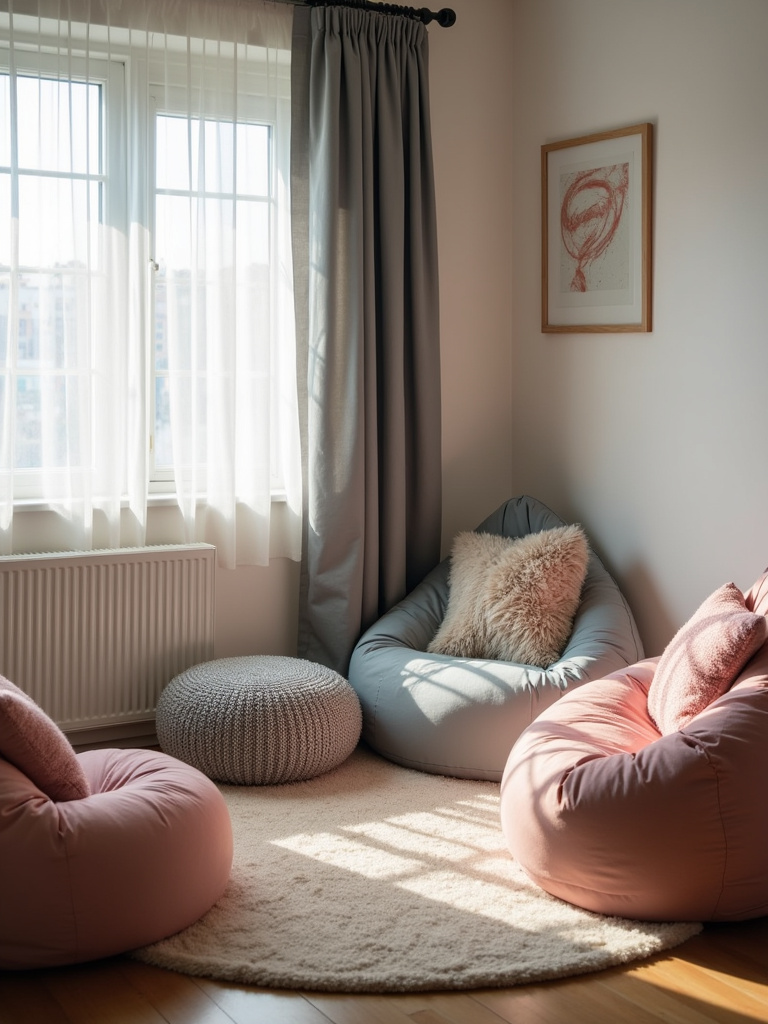 Teenage bedroom lounge area featuring beanbag chairs and floor cushions, creating a relaxed and comfortable seating space for leisure and socializing.