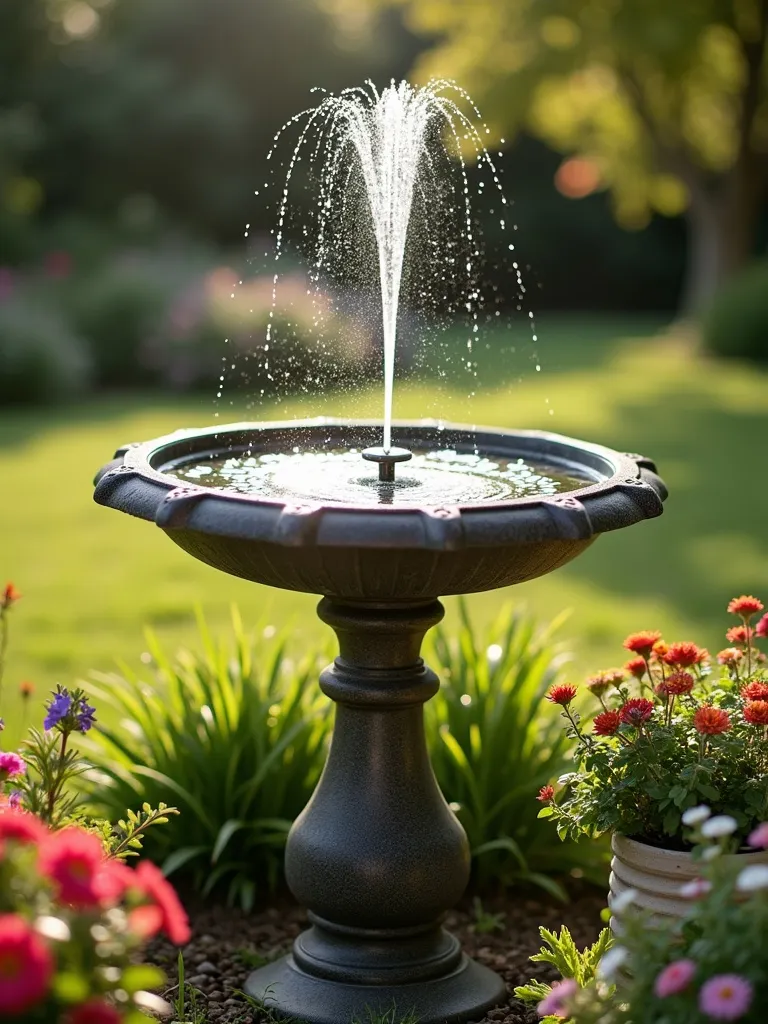 Solar fountain spraying water in a bird bath in a sunny garden.