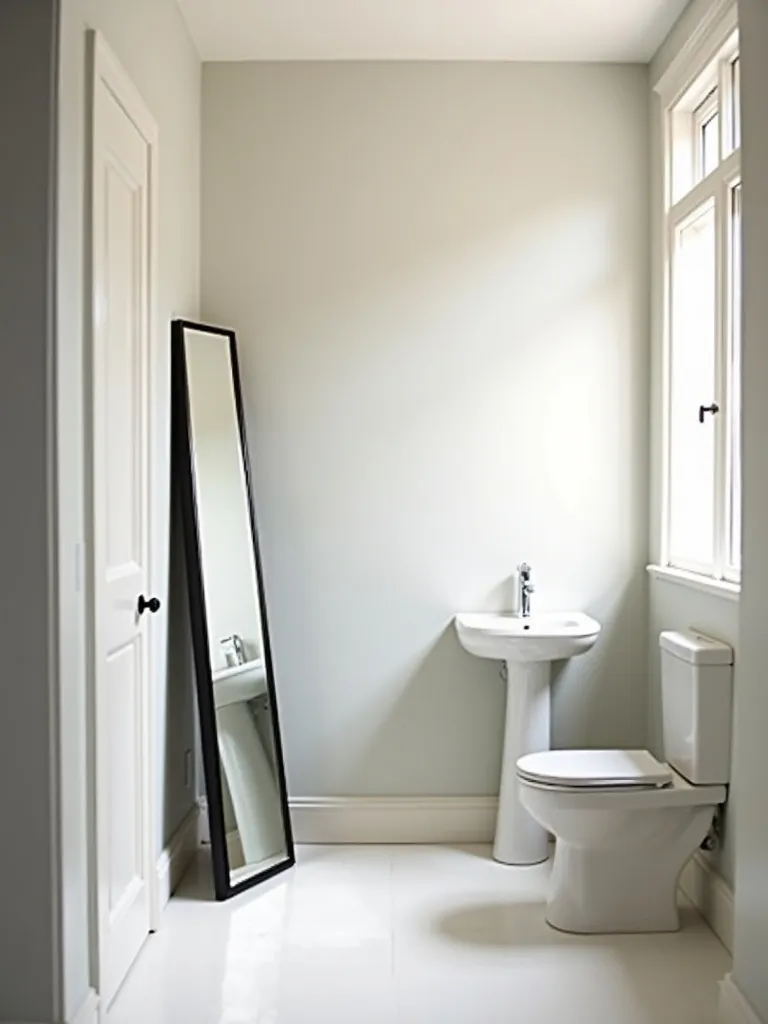 A small bathroom featuring a frameless full-length mirror leaning against the wall, creating an illusion of spaciousness.