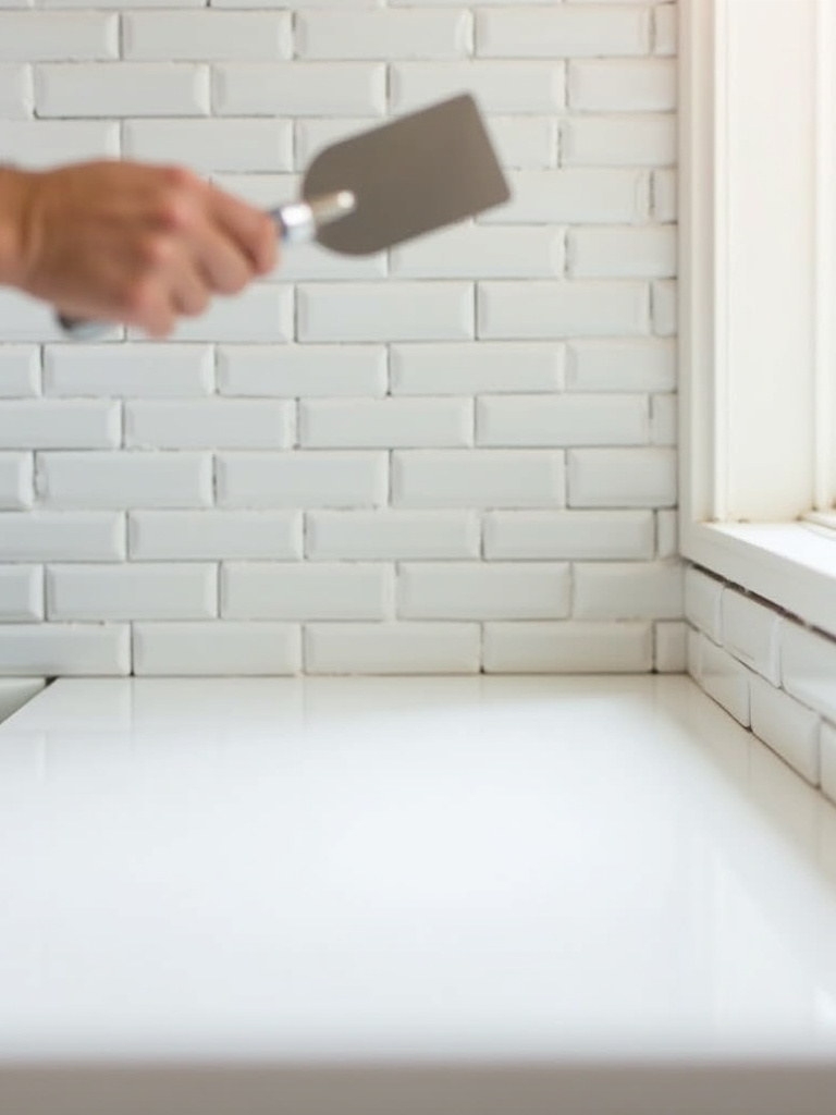 Detail shot of a peel and stick faux subway tile backsplash being installed in a kitchen