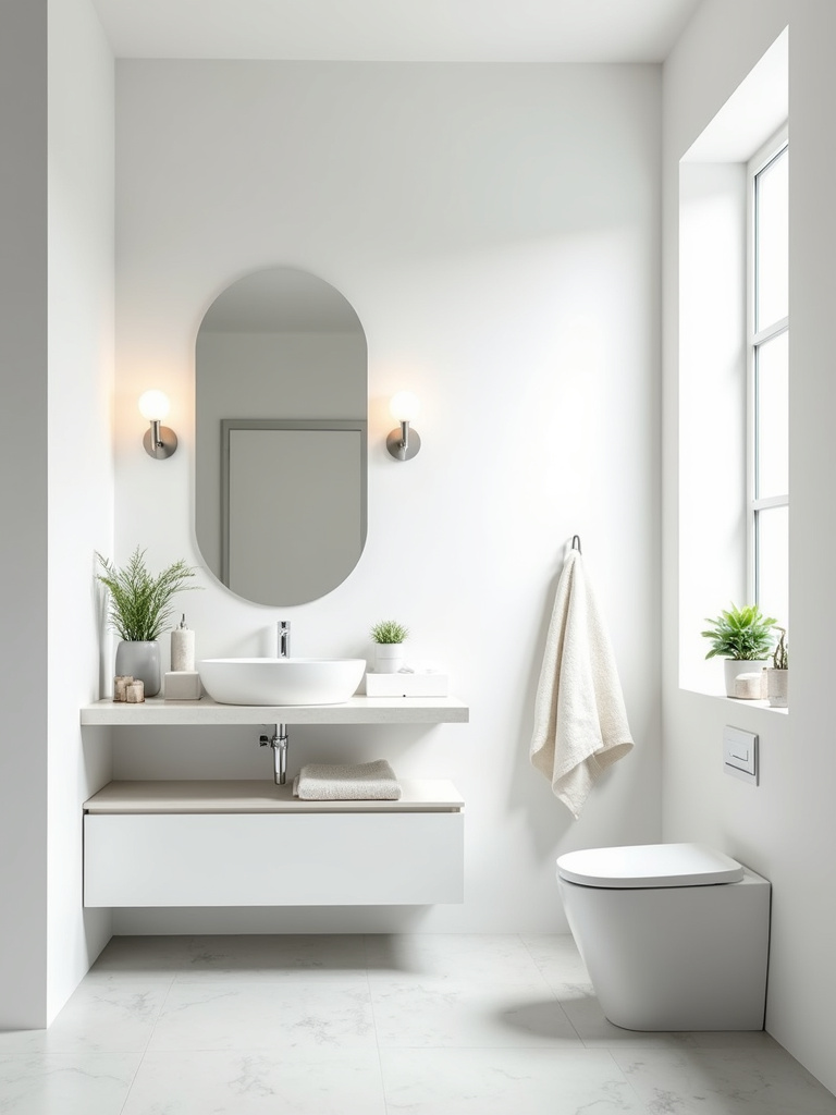 “A clean and minimalist small bathroom, demonstrating the impact of decluttering to create a spacious feel.”