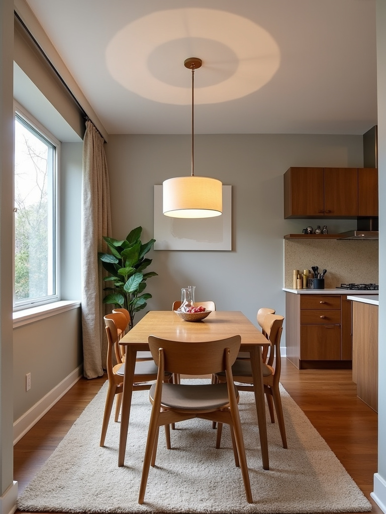Mid-century modern small dining room with a rug defining the dining space in an open-plan area.