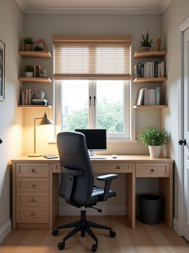 Dedicated study zone in a teenage bedroom, featuring an ergonomic chair, organized desk with task lighting, and shelves for study materials, illuminated by natural light.